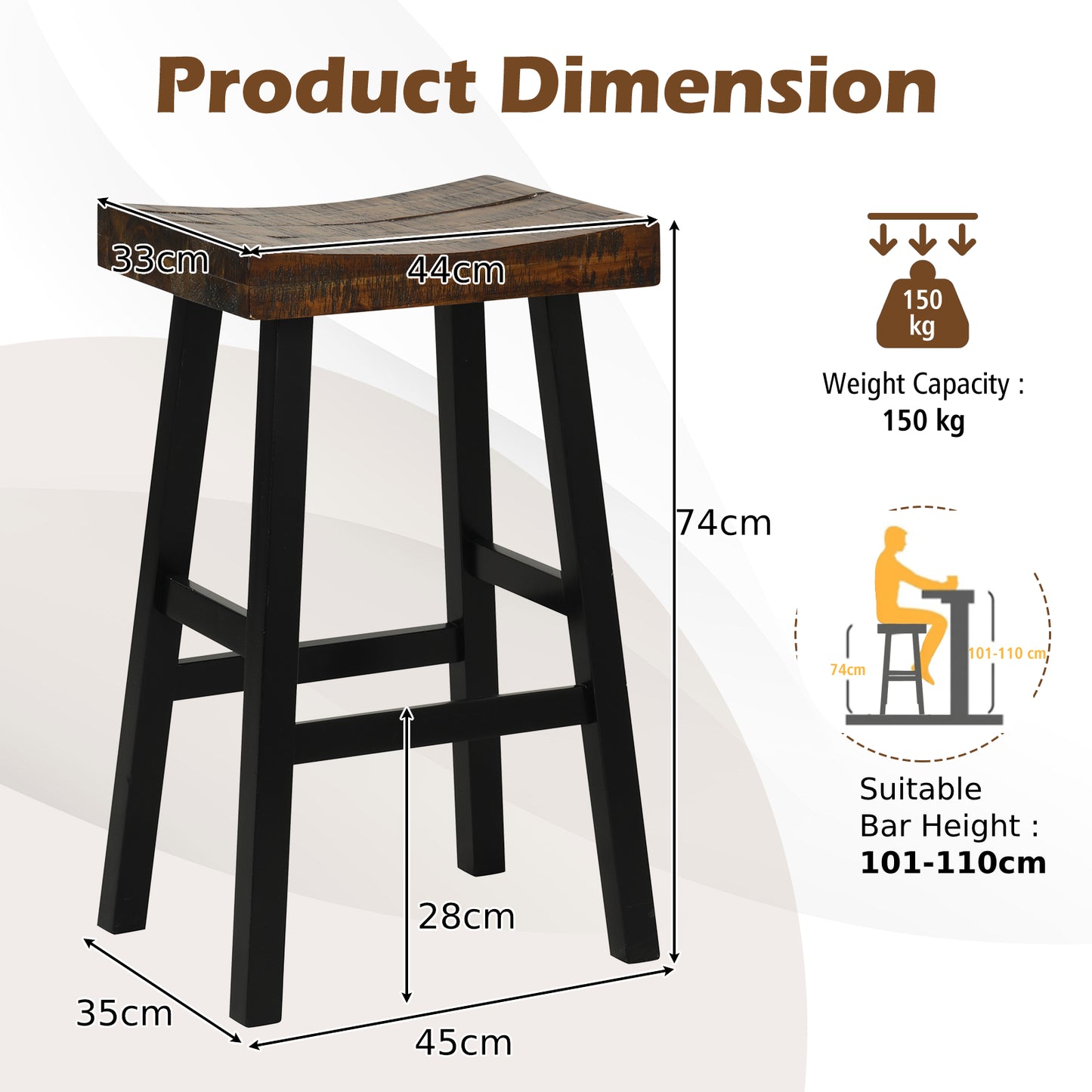 62/74cm Saddle Bar Stools Set of 2 with Saddle Style Seat and Footrest-74 cm