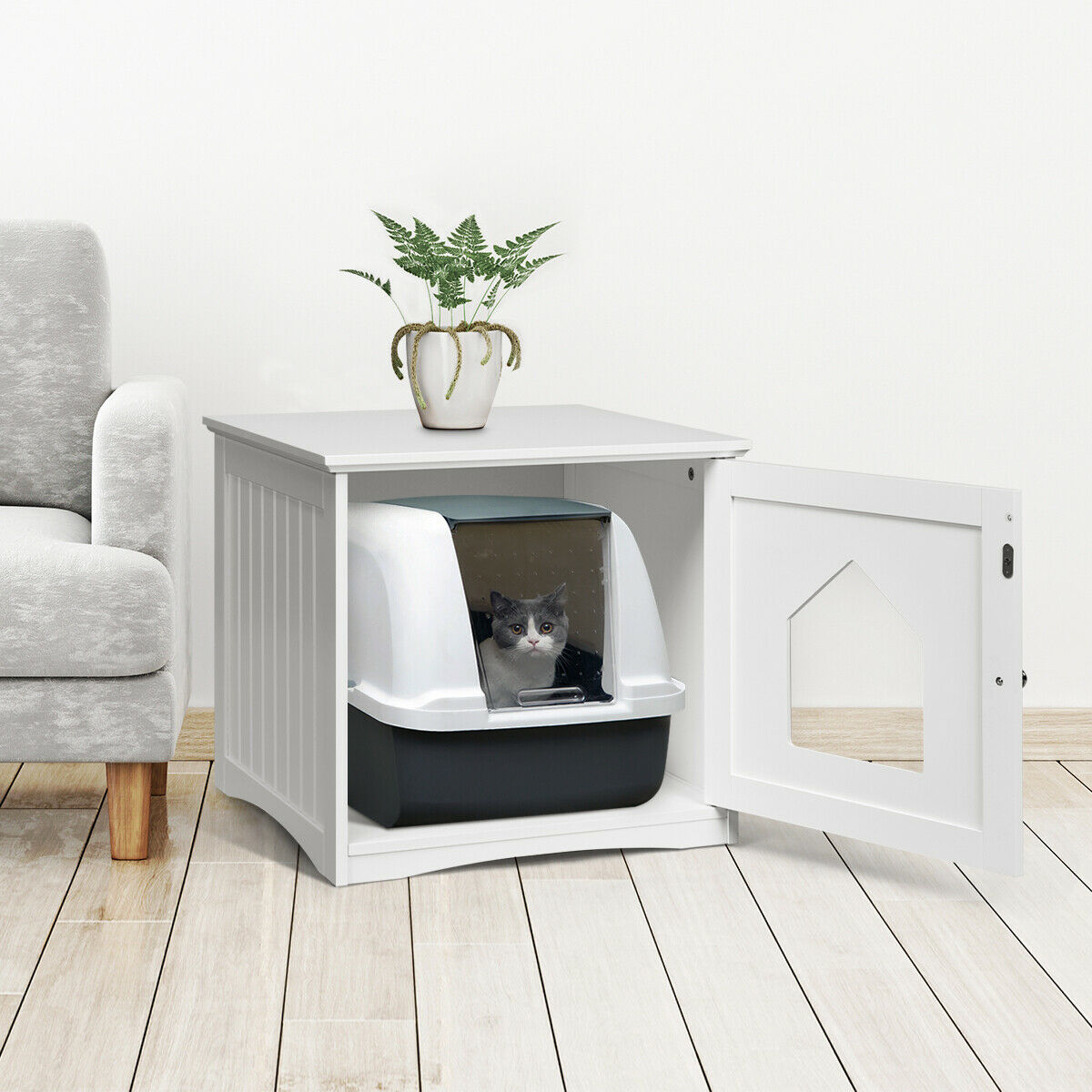 Wooden Cat House Litter Box Enclosure Nightstand-White