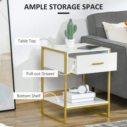 HOMCOM Modern Bedside Table, Bedside Cabinet with Drawer Shelf, Storage Organizer for Bedroom, Living Room, White and Gold