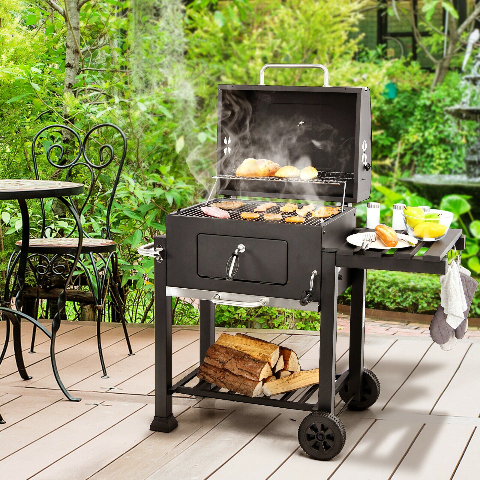 Portable Charcoal BBQ on Wheels with Side Table for Camping