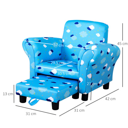 HOMCOM Childrens Sofa Mini Sofa Wood Frame w/ Footrest Anti-Slip Legs High Back Arms Bedroom Playroom Furniture Cute Cloud Star Blue