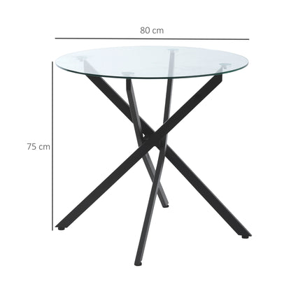 HOMCOM Side Table with Clear Tempered Glass Top, Round Table with Metal Legs, Modern Dining Table Furniture for Dining Room Living Room, Black