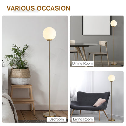 HOMCOM 171cm Glass Globe Floor Lamp Metal Frame Sphere Light Pedal Switch Home Office Living Room Modern Unique Standing Beautiful Furnishing - Gold