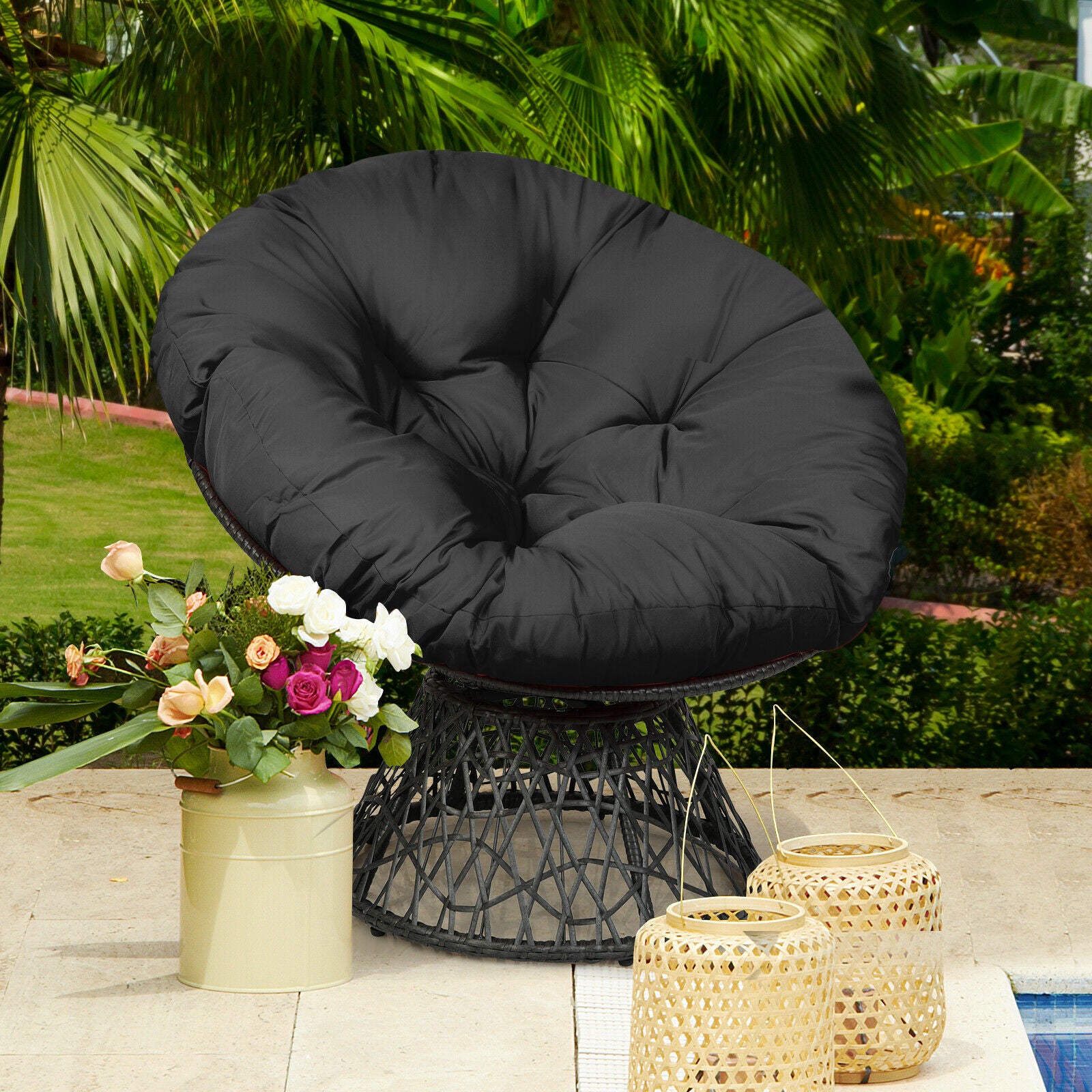 Rattan Papasan Chair with 360° Swivel and Soft Cushion-Black