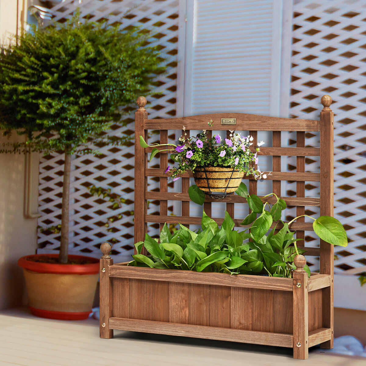 Wooden Lattice Flower Planter with Trellis