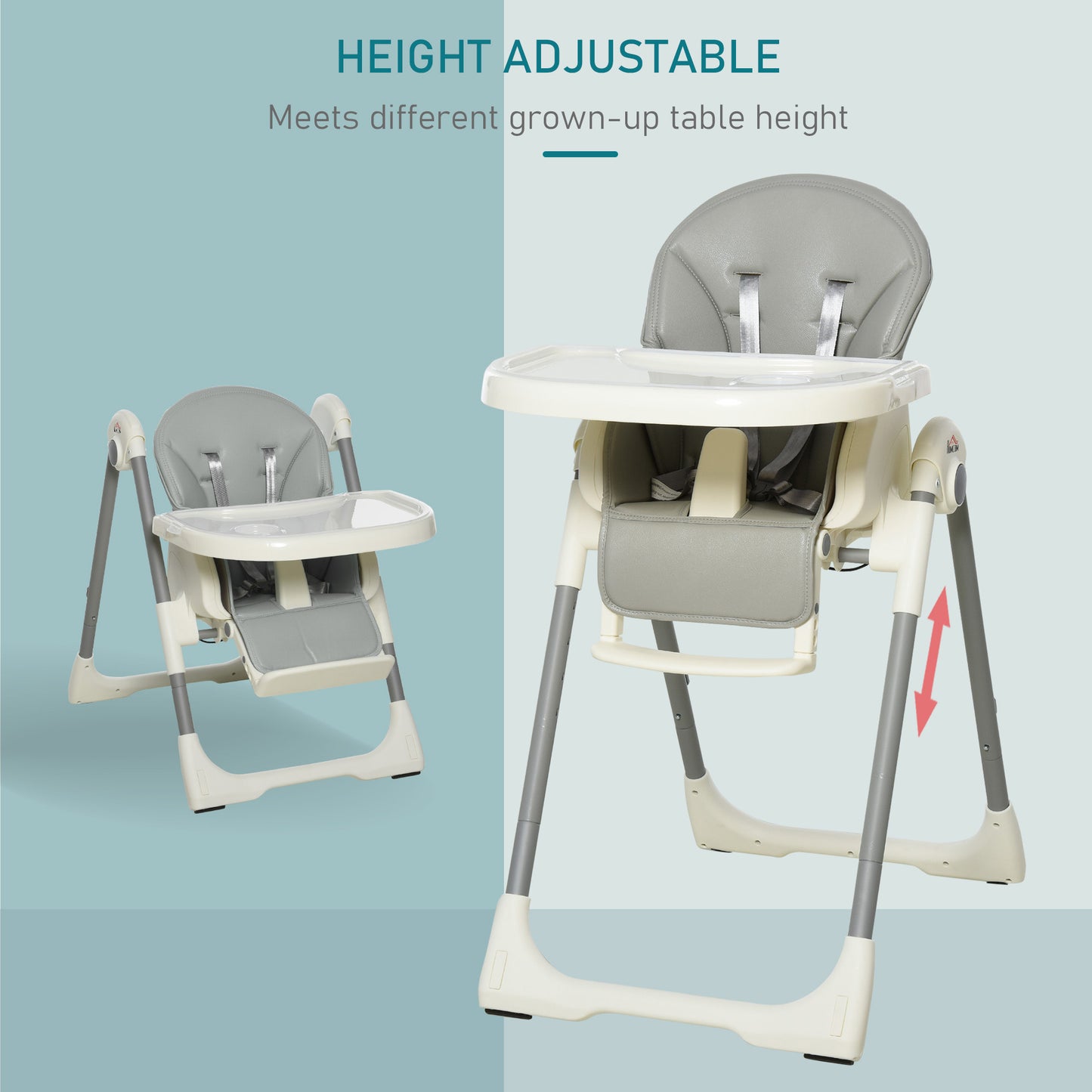 HOMCOM Foldable Baby High Chair Convertible to Toddler Chair Height Adjustable with Removable Tray 5-Point Harness Mobile with Wheels Grey