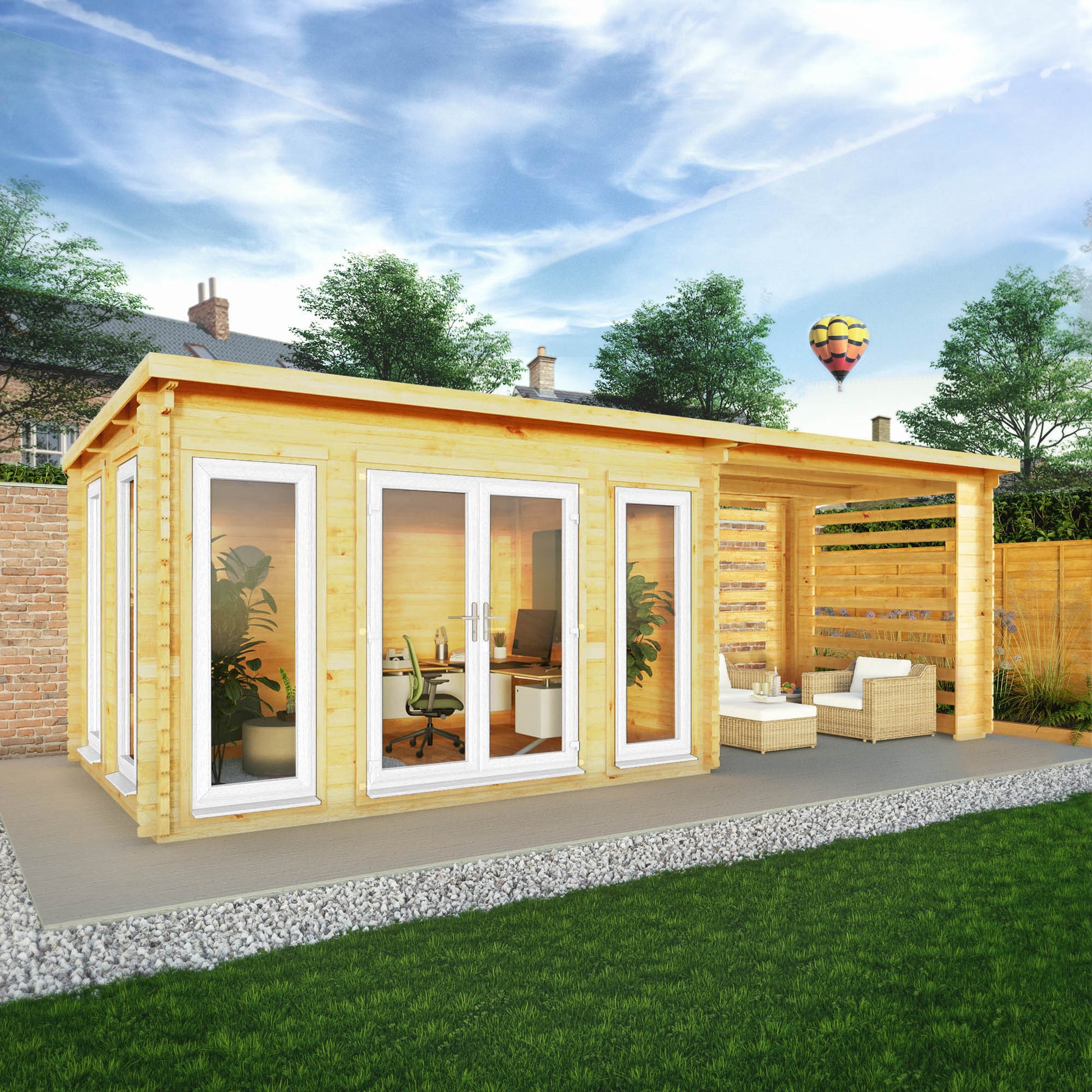 7M X 3M Studio Pent Log Cabin With Slatted Area - 44Mm (Upvc Windows & Door) - White