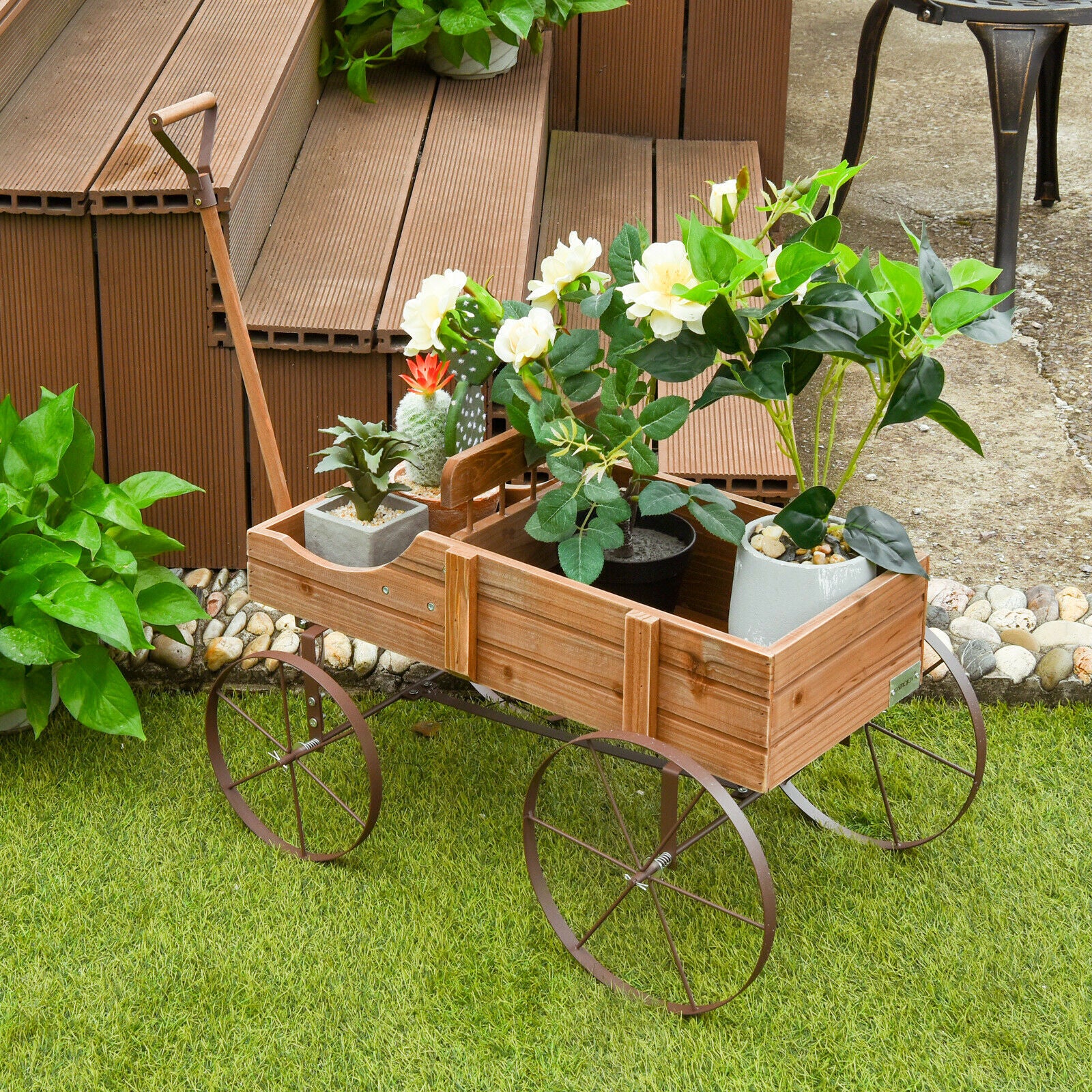 Amish Styled Wagon Plant Stand with Wheels-Brown