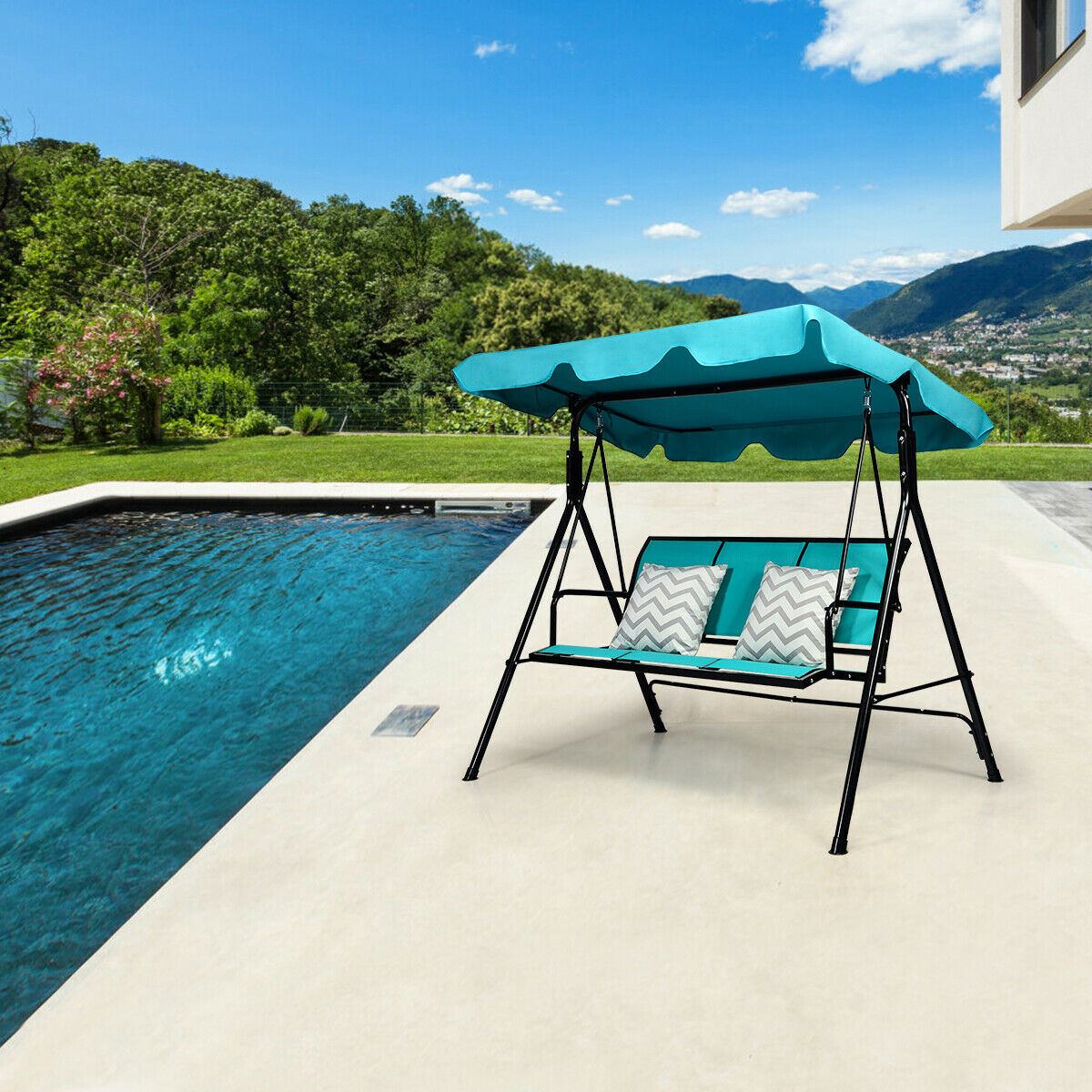 3 Seater Garden Swing Chair with Adjustable Canopy-Blue