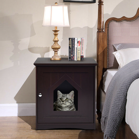 Wooden Cat House Litter Box Enclosure Nightstand-Brown