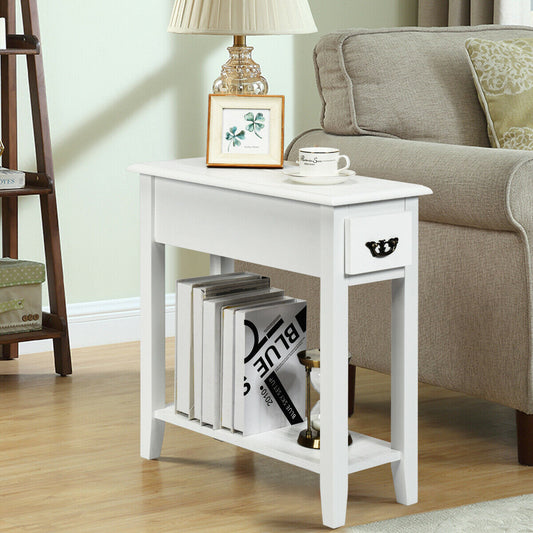 2-Tier Bedside Table with Drawer and Storage Shelf-White