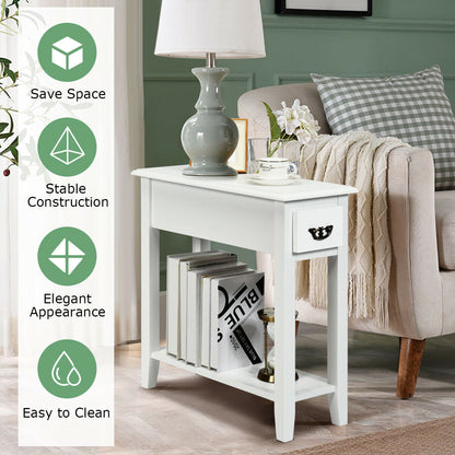 2-Tier Bedside Table with Drawer and Storage Shelf-White