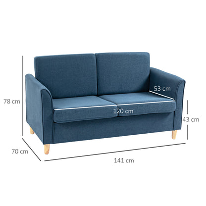 HOMCOM Compact Loveseat Sofa, Modern 2 Seater Sofa for Living Room with Wood Legs and Armrests, Blue