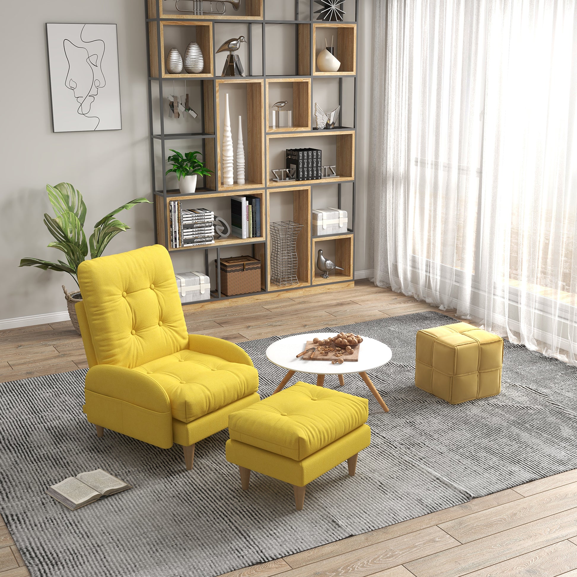 HOMCOM Upholstered Armchair with Footstool Set, Modern Button Tufted Accent Chair w/ Adjustable Backrest, Cushions, Wood Legs and Side Pockets, Yellow