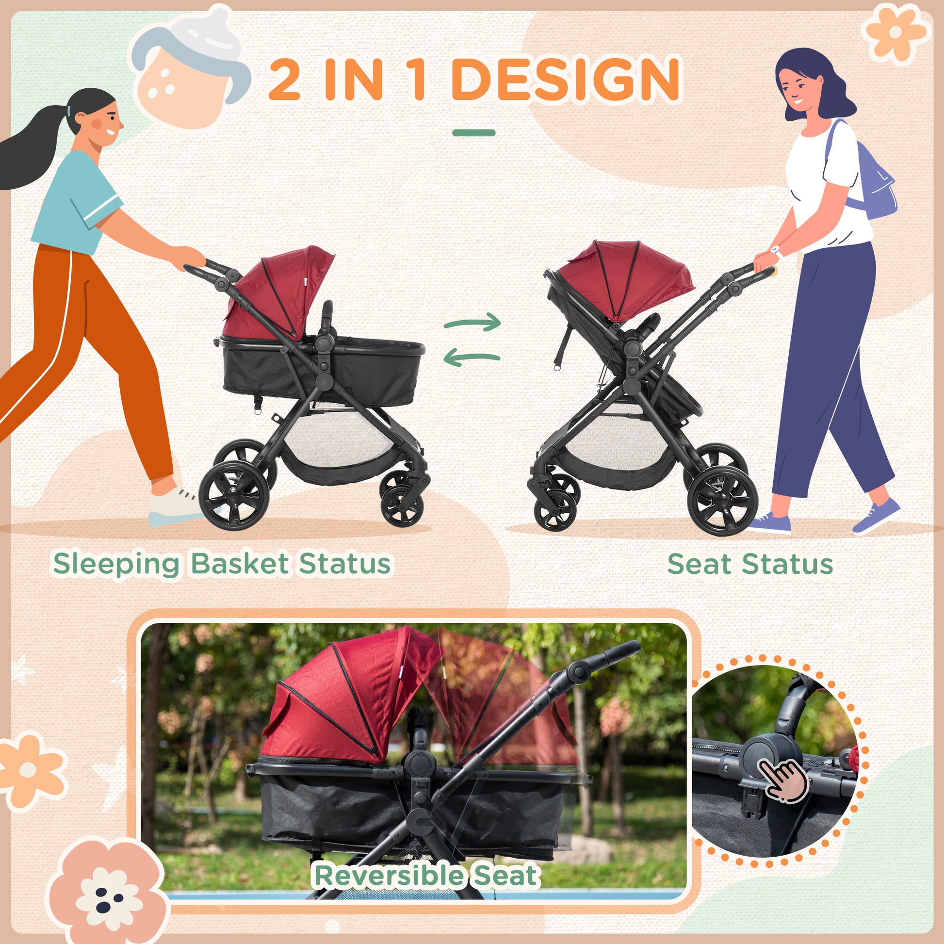 HOMCOM 2 in 1 Lightweight Pushchair w/ Reversible Seat, Foldable Travel Baby Stroller w/ Fully Reclining From Birth to 3 Years, 5-point Harness Red