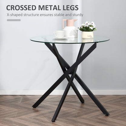 HOMCOM Side Table with Clear Tempered Glass Top, Round Table with Metal Legs, Modern Dining Table Furniture for Dining Room Living Room, Black