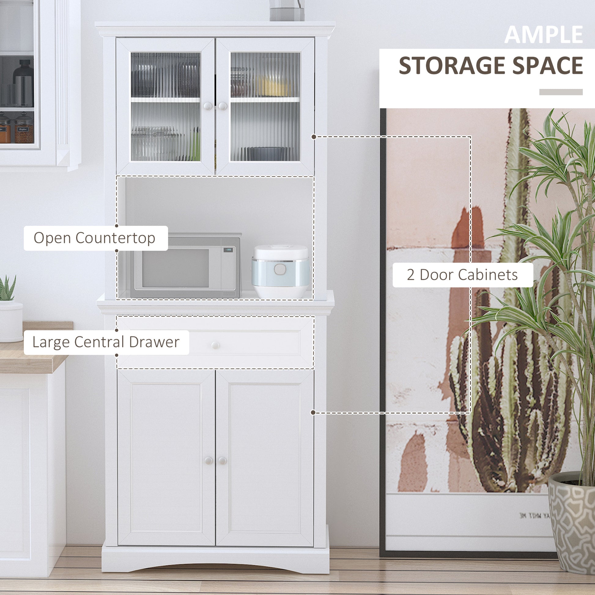 HOMCOM Kitchen Cupboard, Freestanding Storage Cabinet with Glass Doors, Adjustable Shelves, and Open Counter, White