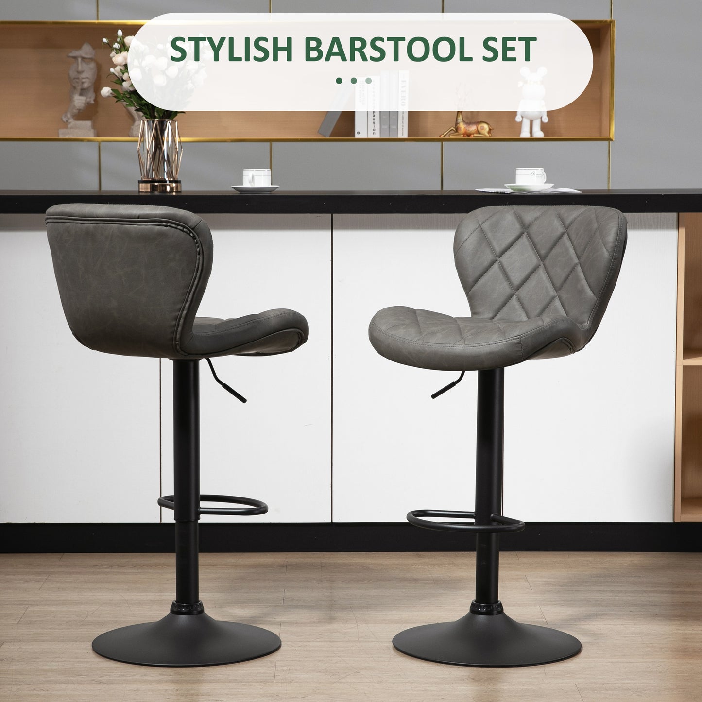 HOMCOM Adjustable Height Bar Stools Set of 2, Swivel Barstools with Backrest and Footrest, Steel Frame Diamond Pattern PU, Kitchen Dining, Dark Grey