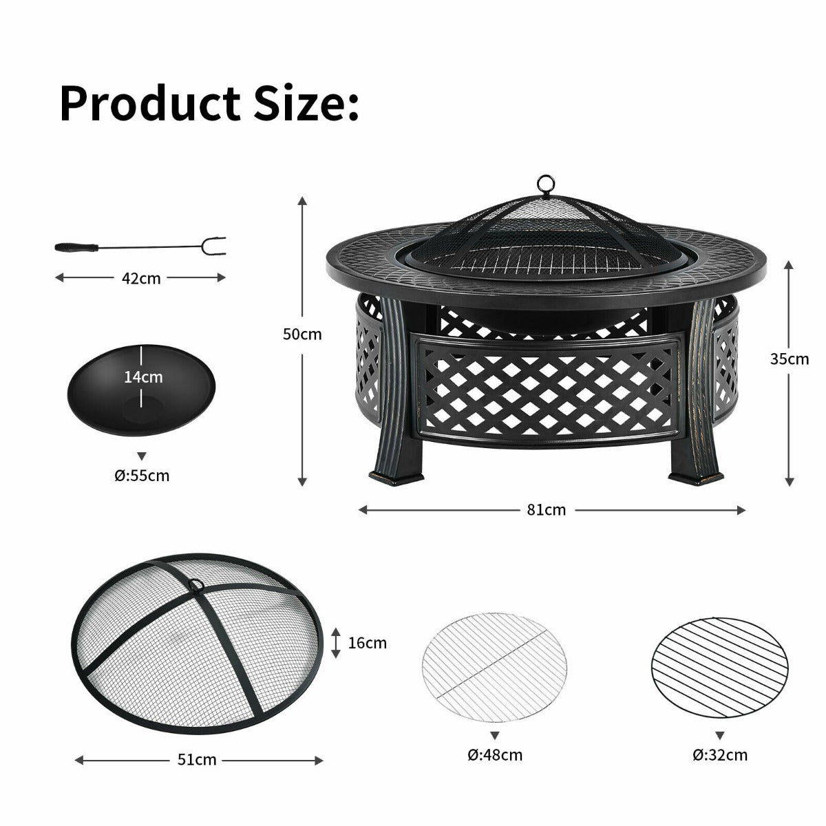 3 in 1 Round Fire Pit Set with BBQ Grill and Rain Cover for Outdoor