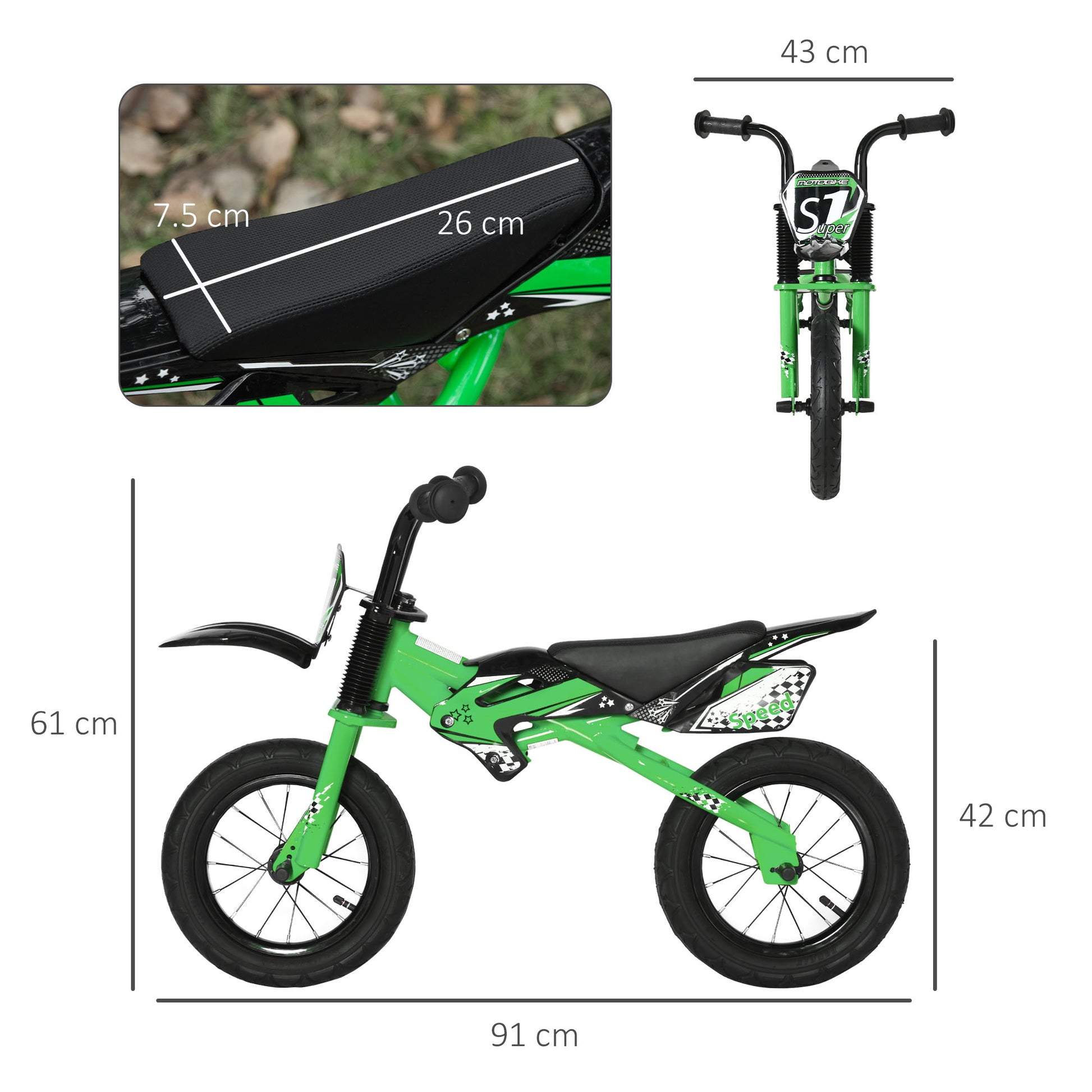 HOMCOM 12" Kids Balance Bike, No Pedal Training Bicycle, Motorbike Look, Steel Frame with Air Filled Tire, Handlebar, PU Seat for 3-6 Years Old, Green