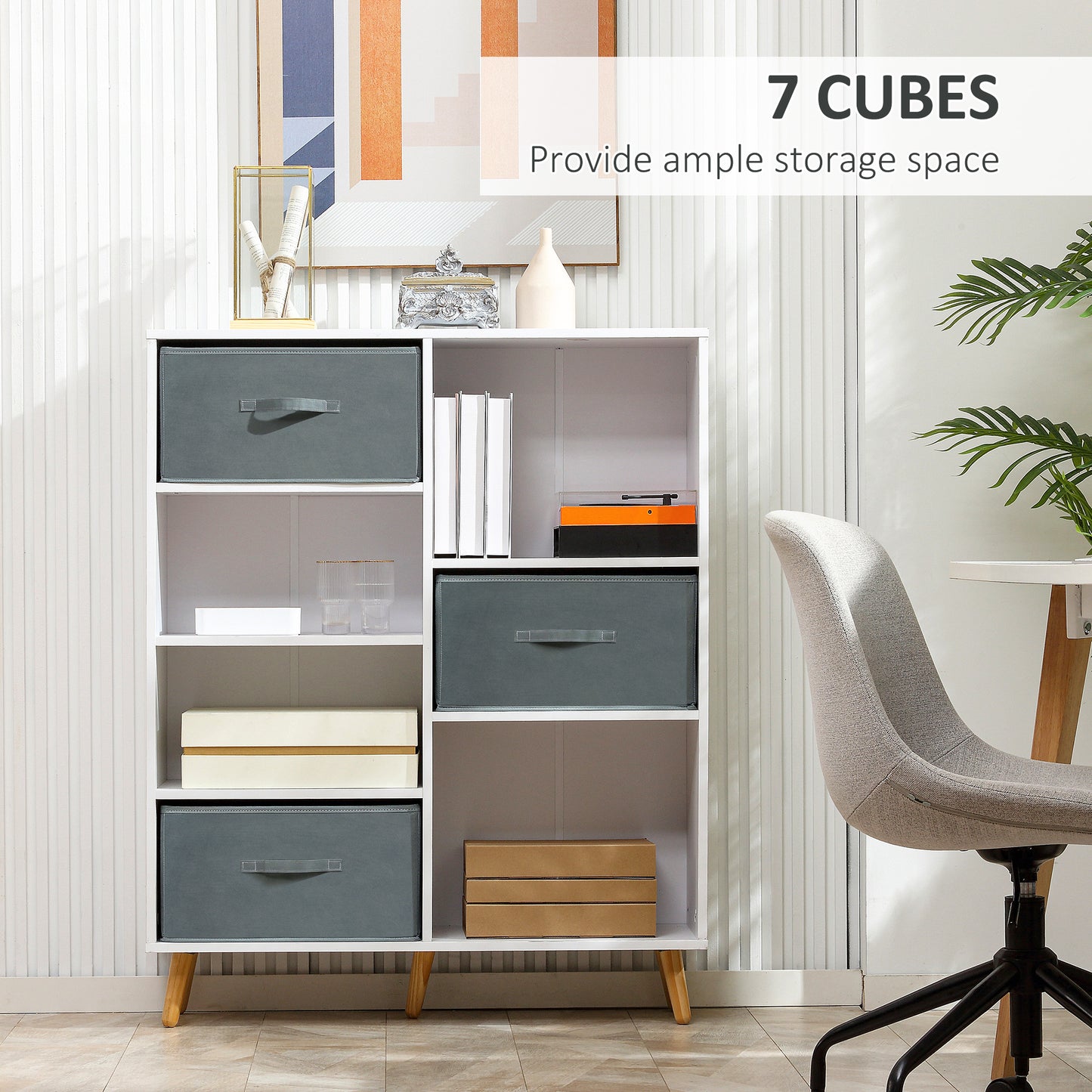 HOMCOM Freestanding 7 Cube Storage Cabinet, Shelving Unit with 3 Fabric Drawers, for Home Office, Living Room, Closet, Bedroom, White