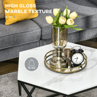 HOMCOM Coffee Table with High Gloss Marble Tabletop, Modern Cocktail Table with Steel Frame for Living Room, White