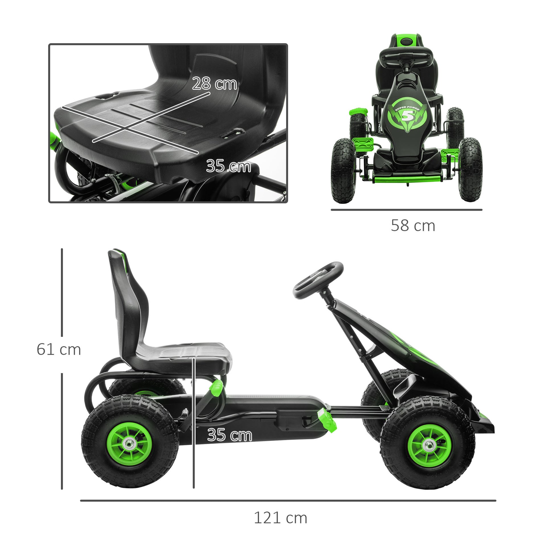 HOMCOM Children Pedal Go Kart, Racing Go Cart with Adjustable Seat, Inflatable Tyres, Shock Absorb, Handbrake, for Boys and Girls Ages 5-12, Green