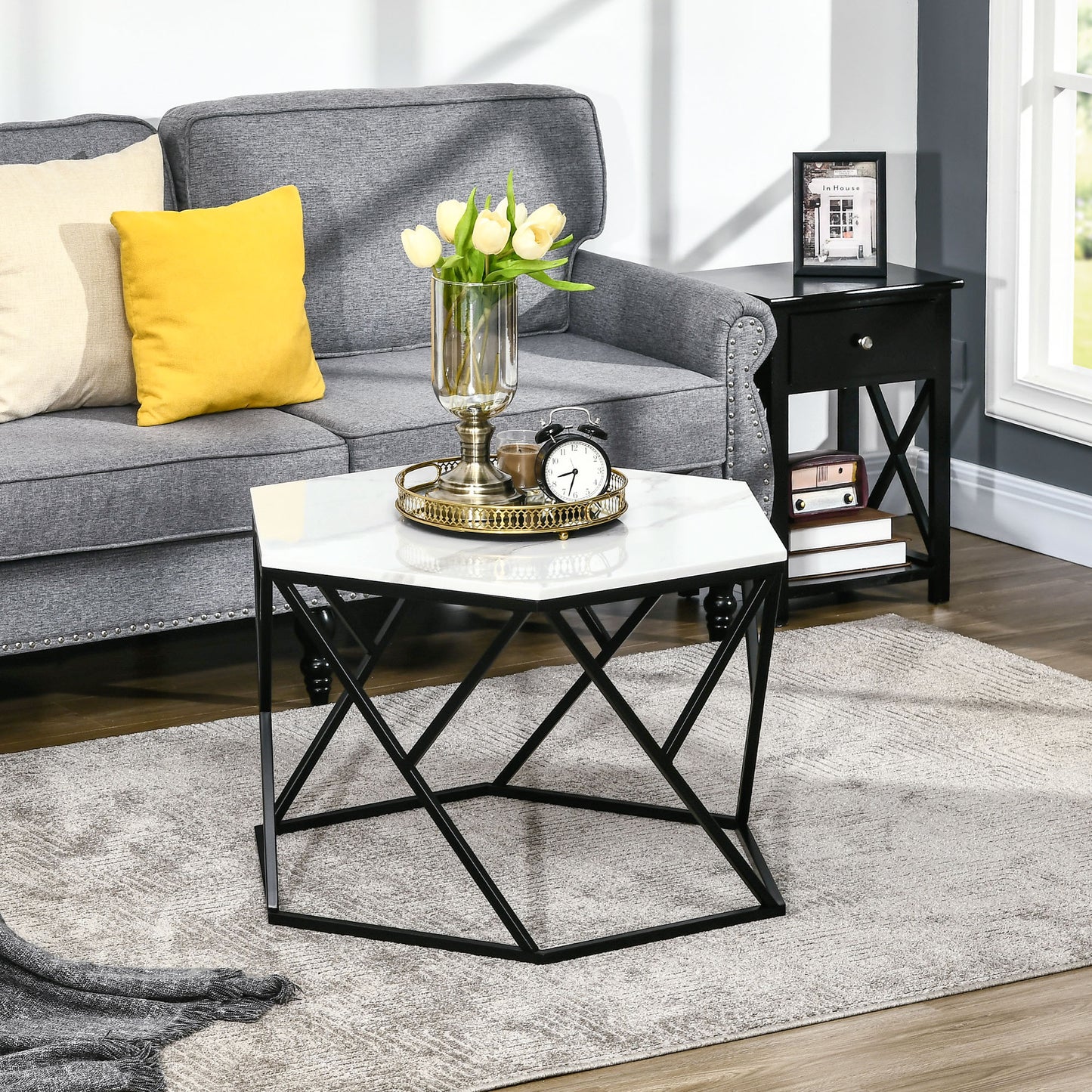 HOMCOM Coffee Table with High Gloss Marble Tabletop, Modern Cocktail Table with Steel Frame for Living Room, White