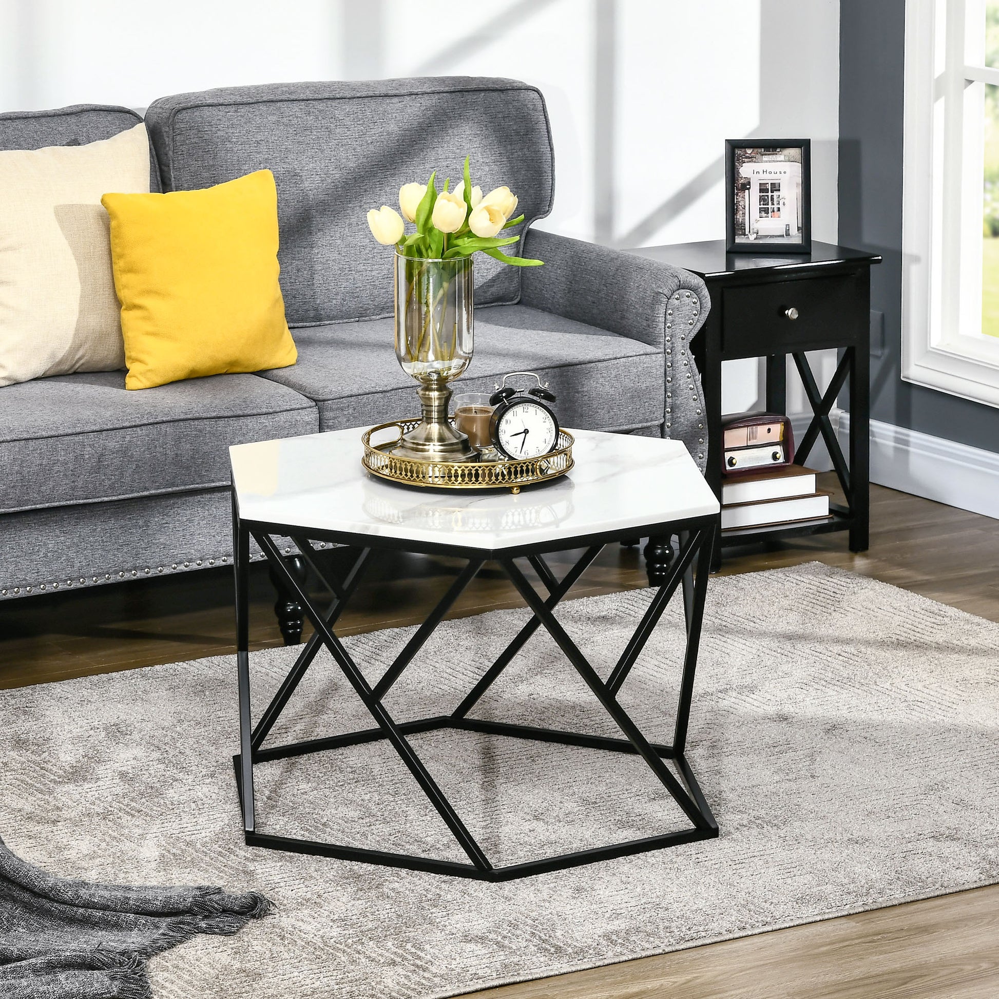 HOMCOM Coffee Table with High Gloss Marble Tabletop, Modern Cocktail Table with Steel Frame for Living Room, White