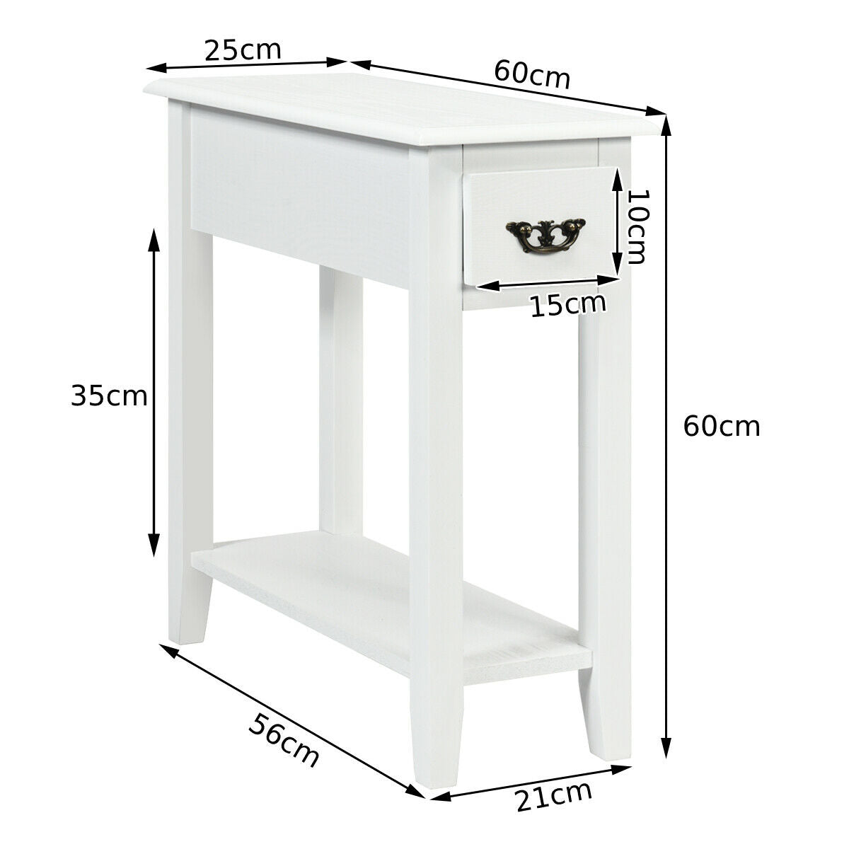 2-Tier Bedside Table with Drawer and Storage Shelf-White