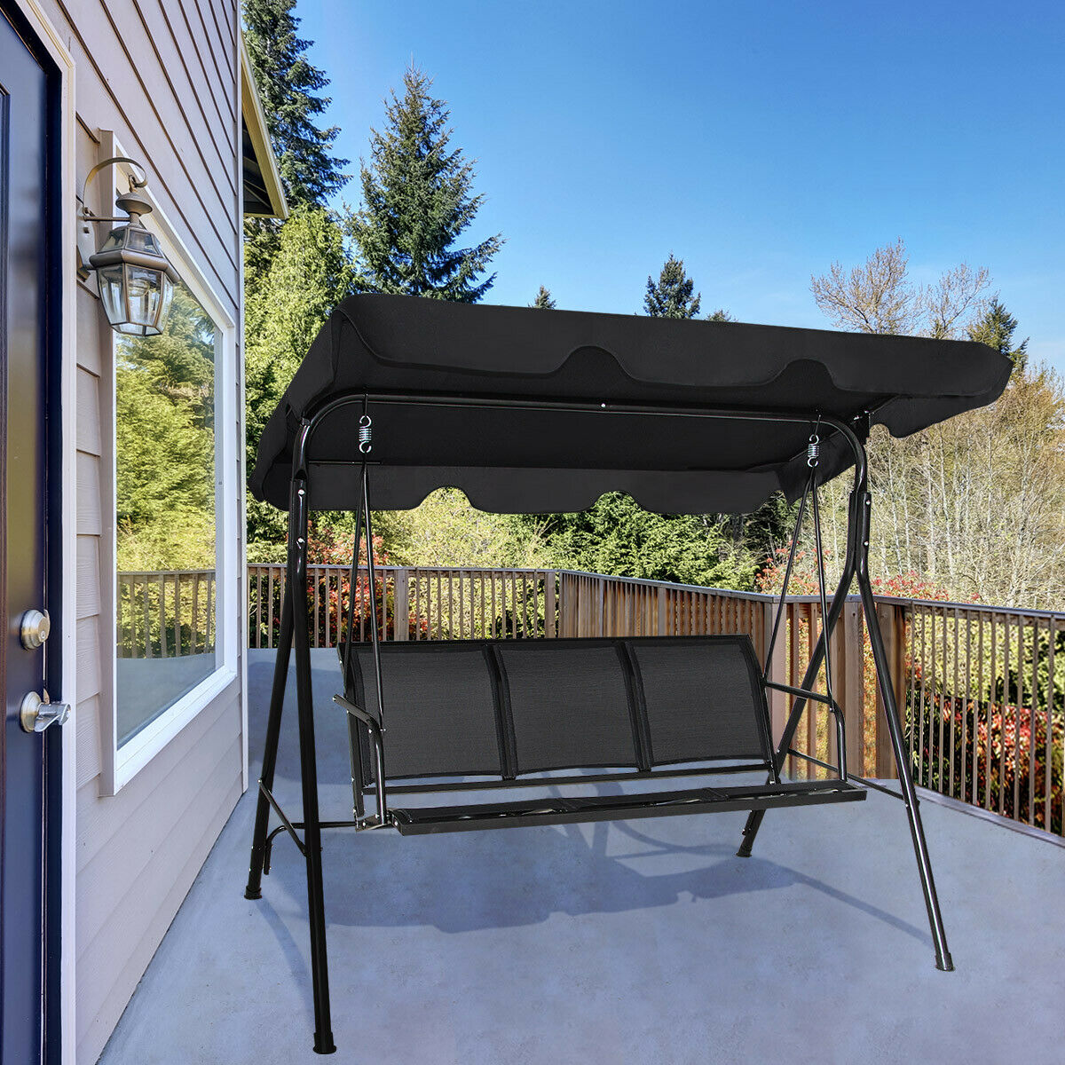 3 Seater Garden Swing Chair with Adjustable Canopy-Black