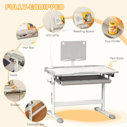 HOMCOM Kids Table and Chair Set, Activity Desk with USB Lamp, Storage Drawer for Study, Activities, Arts, or Crafts, Grey and White