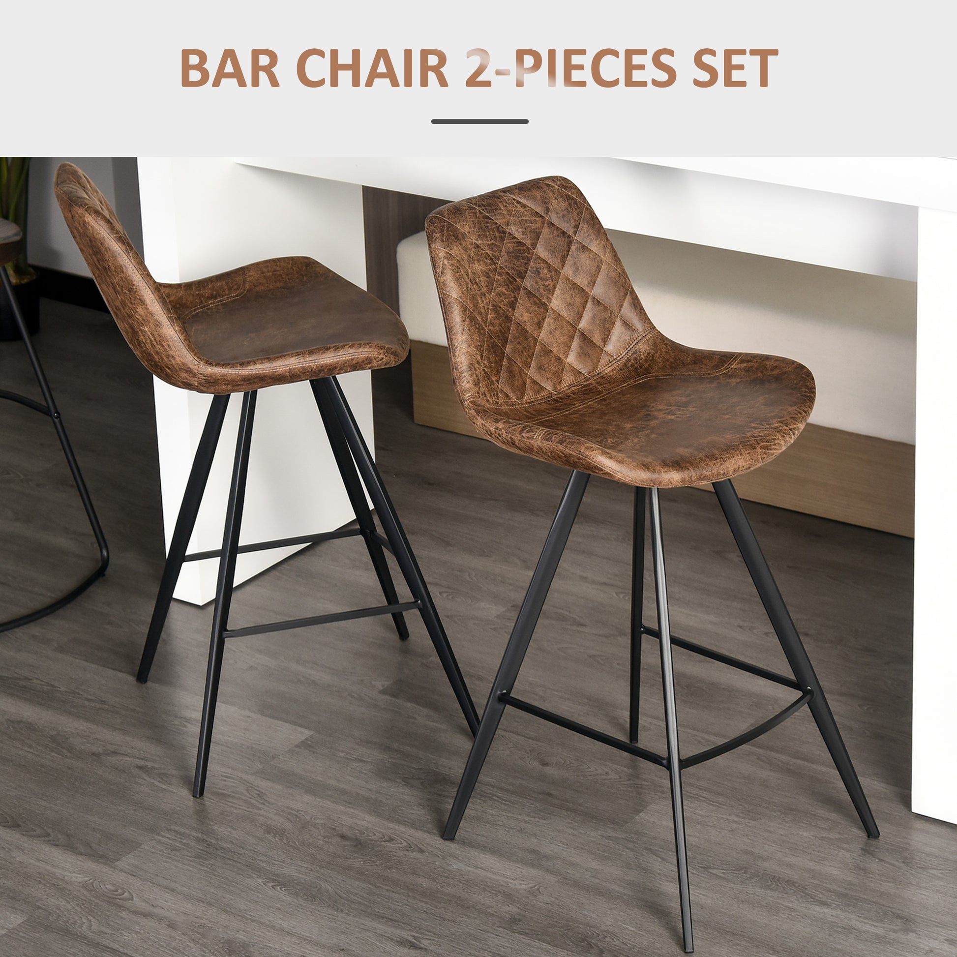 HOMCOM Set Of 2 Bar Stools Vintage Microfiber Cloth Tub Seats Padded Comfortable Steel Frame Footrest Quilted Home Cafe Kitchen Chair Stylish Brown