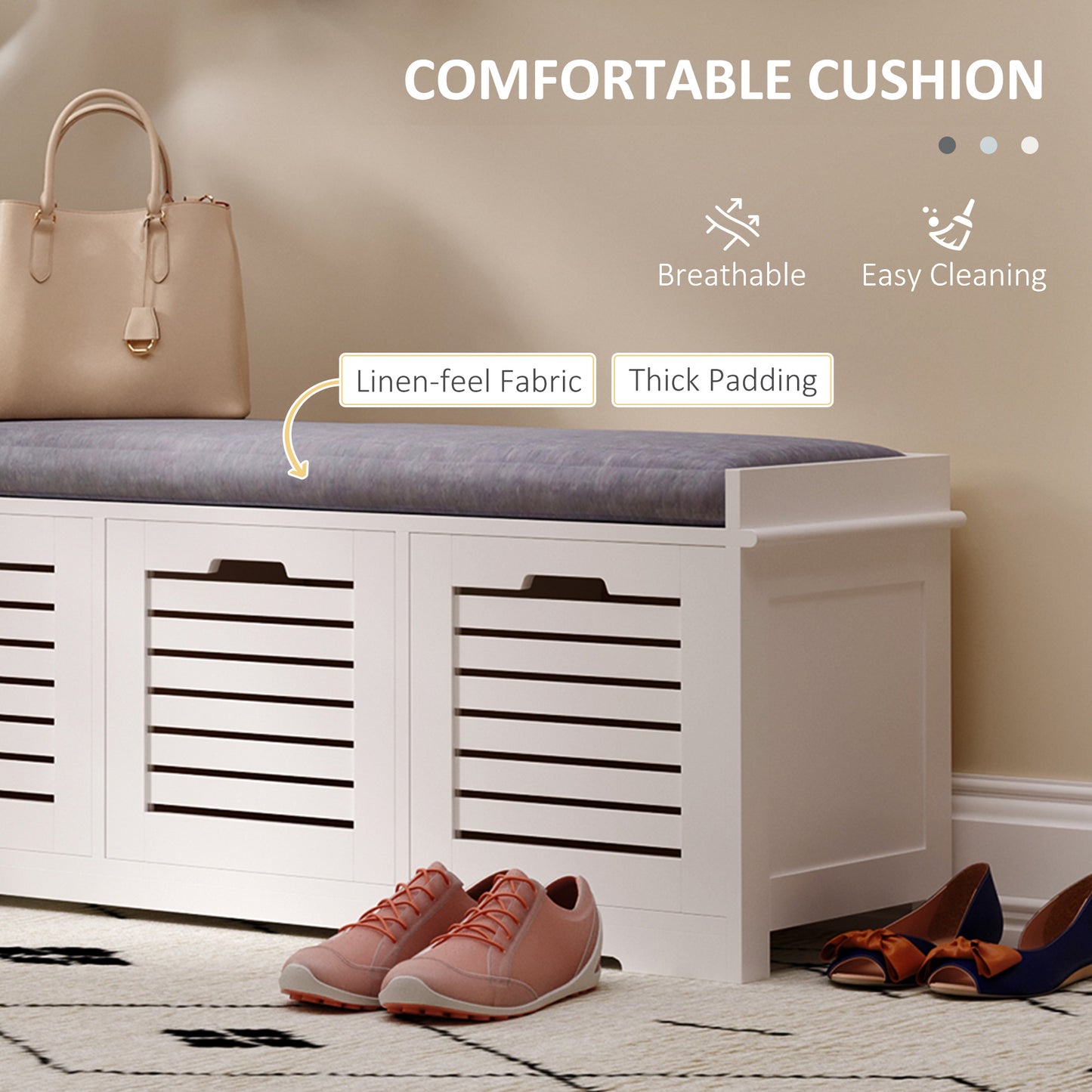 HOMCOM White Storage Bench with 3 Drawers & Removable Grey Seat Cushion Hallway Organisation furniture