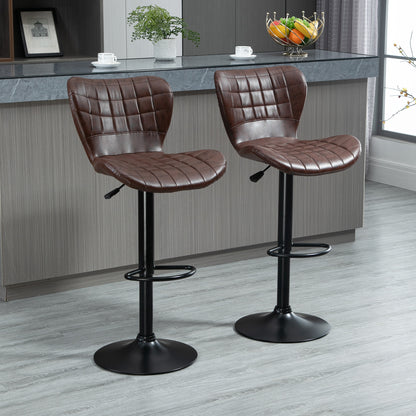 HOMCOM Bar Stools Set of 2 Adjustable Height Swivel Bar Chairs in PU Leather with Backrest & Footrest, Brown