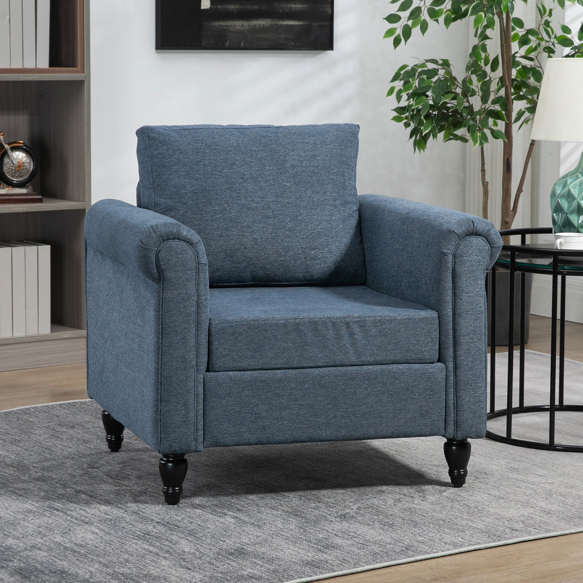 HOMCOM Vintage Accent Chair, Tufted Upholstered Lounge Armchair Single Sofa Chair with Rubber Wood Legs, Rolled Arms, Dark Blue