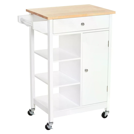 HOMCOM Kitchen Storage Trolley Unit w/ Wood Top 3 Shelves Cupboard Drawer Rail 4 Wheels Handles Moving Shelf Handy Spacesaver White