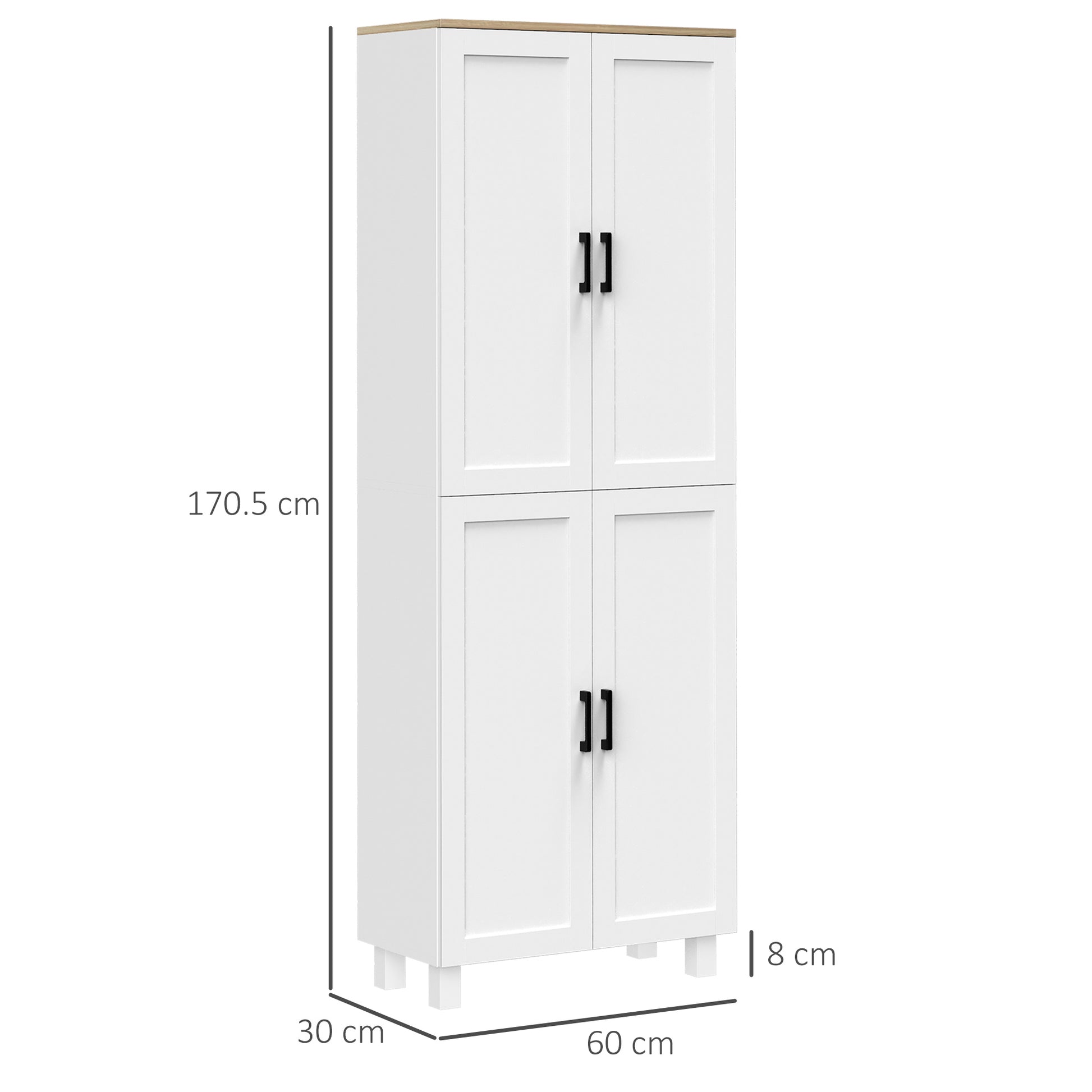 HOMCOM Freestanding Kitchen Cupboard, 4-Door Storage Cabinet Organizer with Adjustable Shelves, 170cm, White