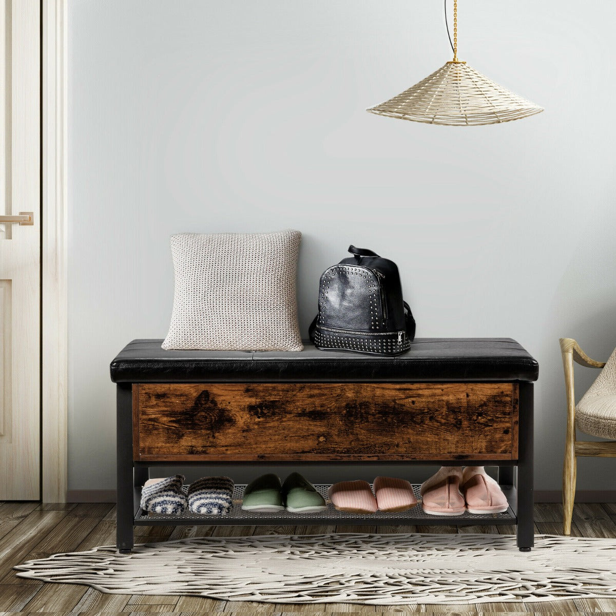 Wooden Ottoman Storage Bench with Shelf and Cushion