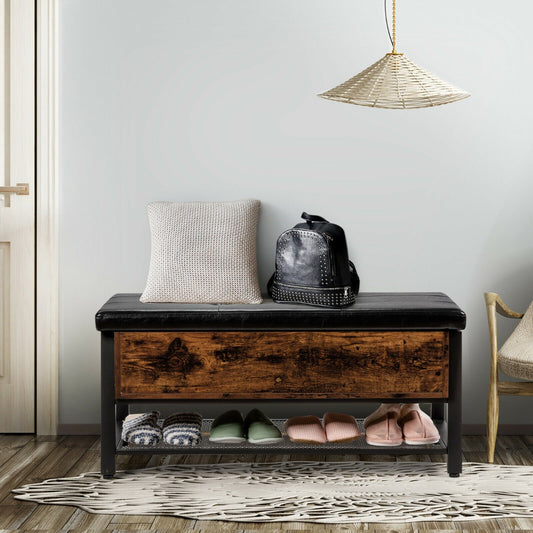 Wooden Ottoman Storage Bench with Shelf and Cushion