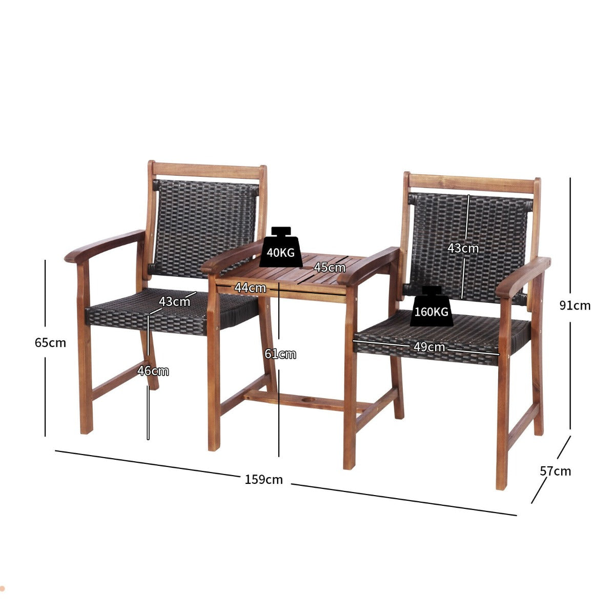 3 Pieces Wooden Furniture Set with Umbrella Hole for Outdoor