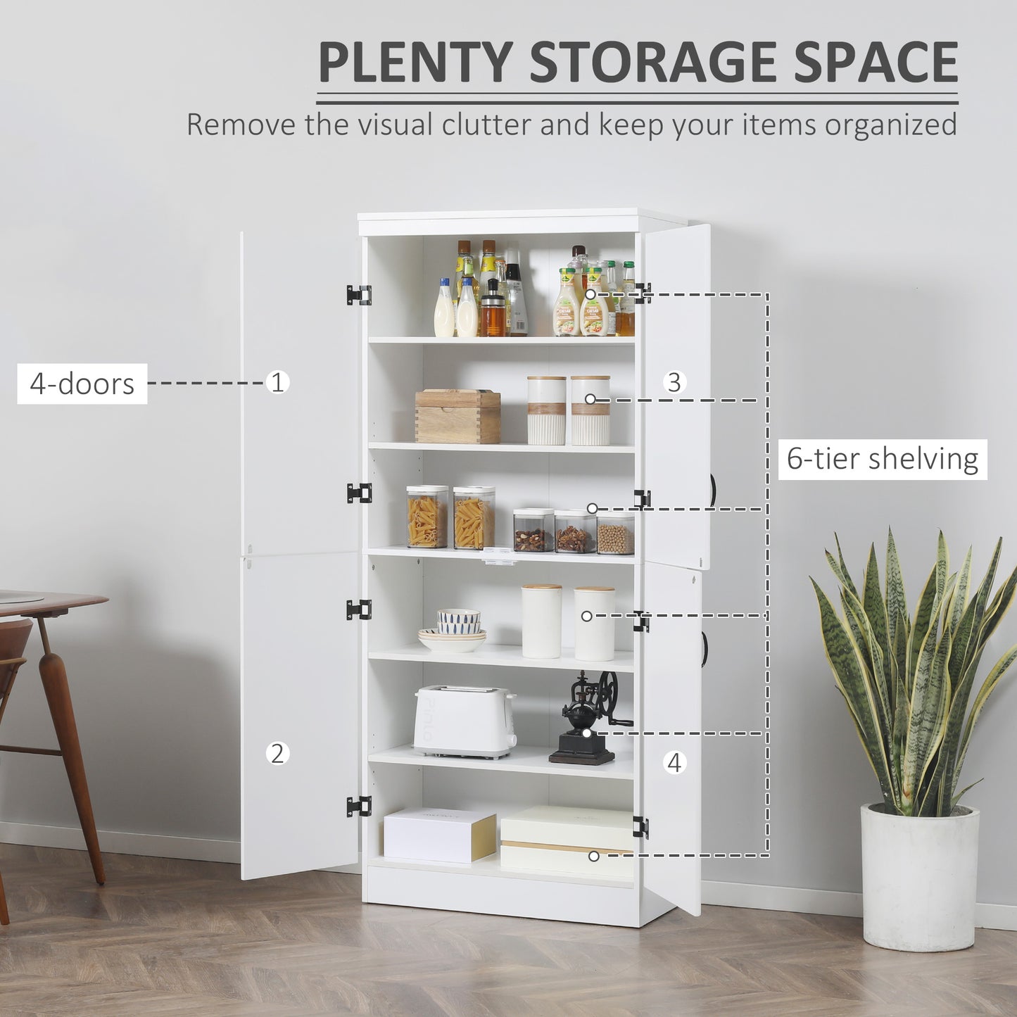 HOMCOM 4-Door Tall Kitchen Cupboard, Freestanding 6-Tier Storage Cabinet with 2 Adjustable Shelves for Living Room, Dining Room, White