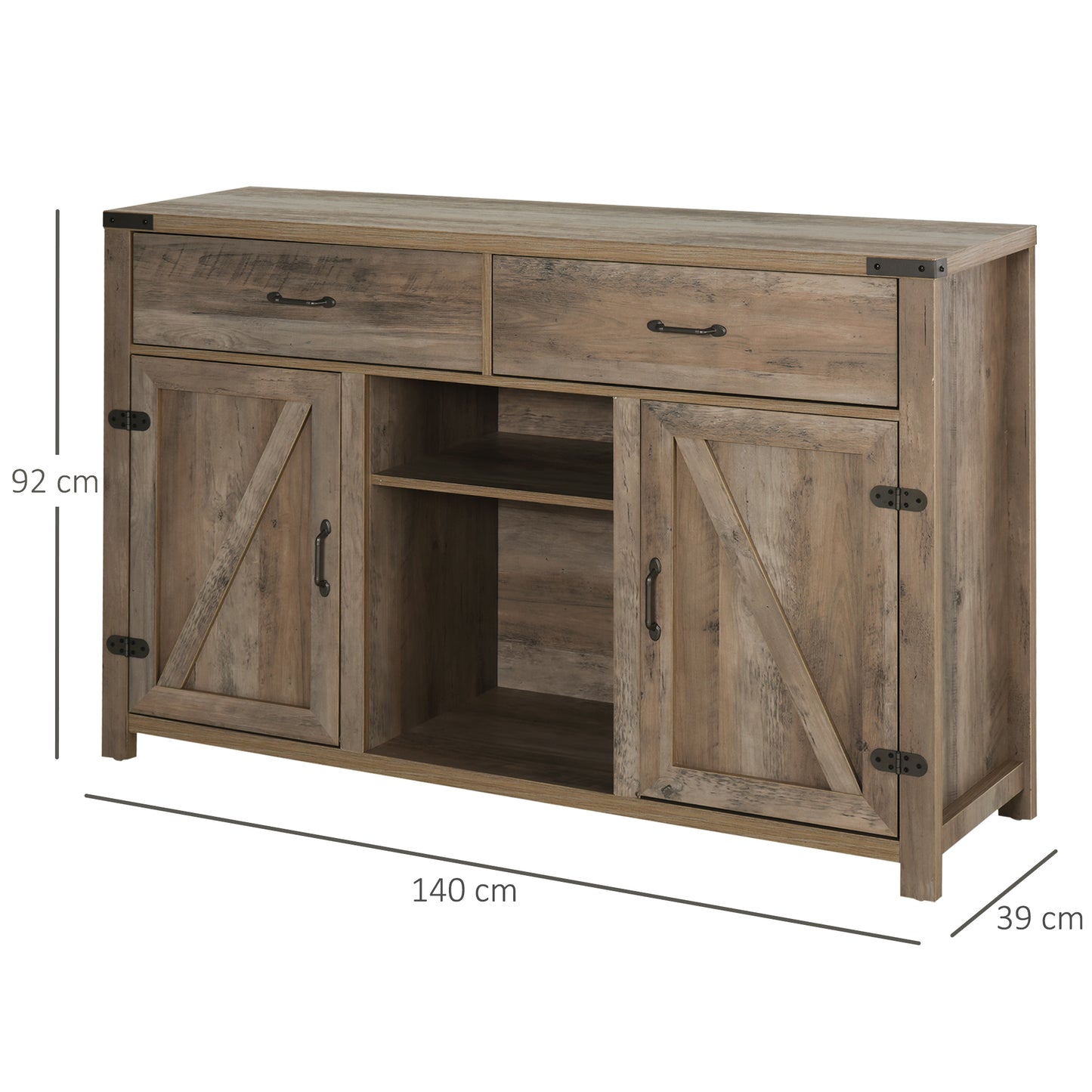 HOMCOM Freestanding Rustic Style Side Cabinet Multi-Storage w/ 2 Drawers&Cupboards Home Dining Furniture Bronze-Tone 140L x 39W x 58H cm