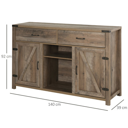 HOMCOM Freestanding Rustic Style Side Cabinet Multi-Storage w/ 2 Drawers&Cupboards Home Dining Furniture Bronze-Tone 140L x 39W x 58H cm