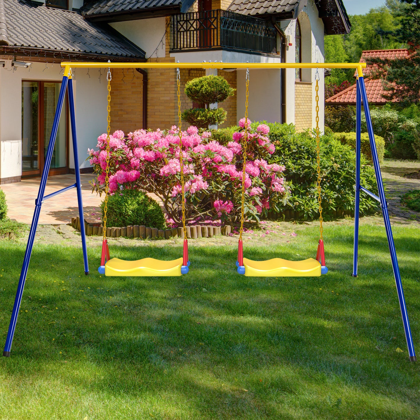 A-Shaped Metal Swing Frame with Anti-Slip Footpads-Blue &amp; Yellow