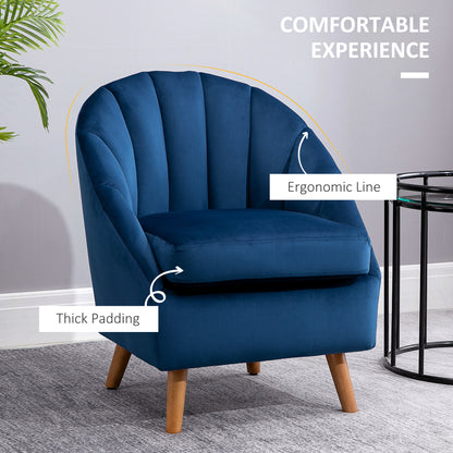 HOMCOM Accent Chair Velvet Fabric Single Sofa Armchair Home Living Room Solid Wood Leg Upholestered Side Armchair Blue