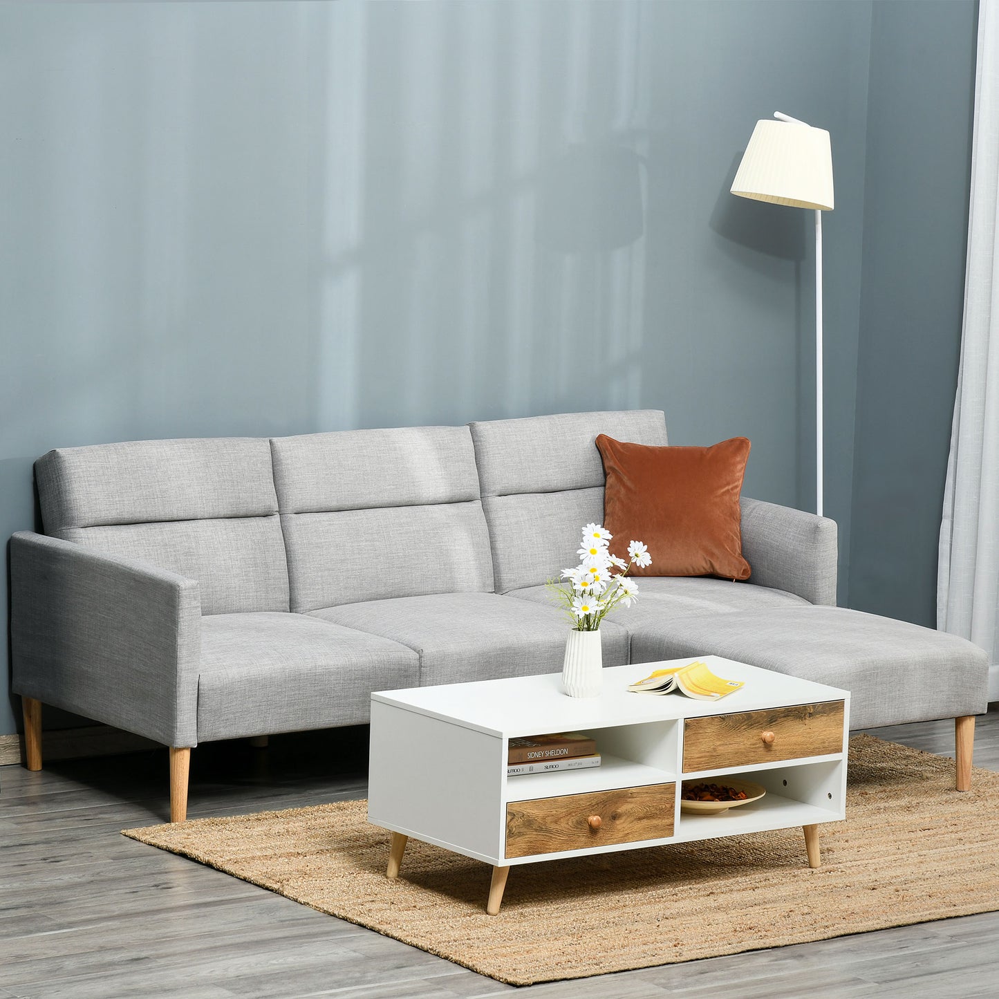 HOMCOM L Shape Sofa Bed Set, Linen Fabric Corner Sofa Bed with Rubber Wood Legs and Footstool, Light Grey