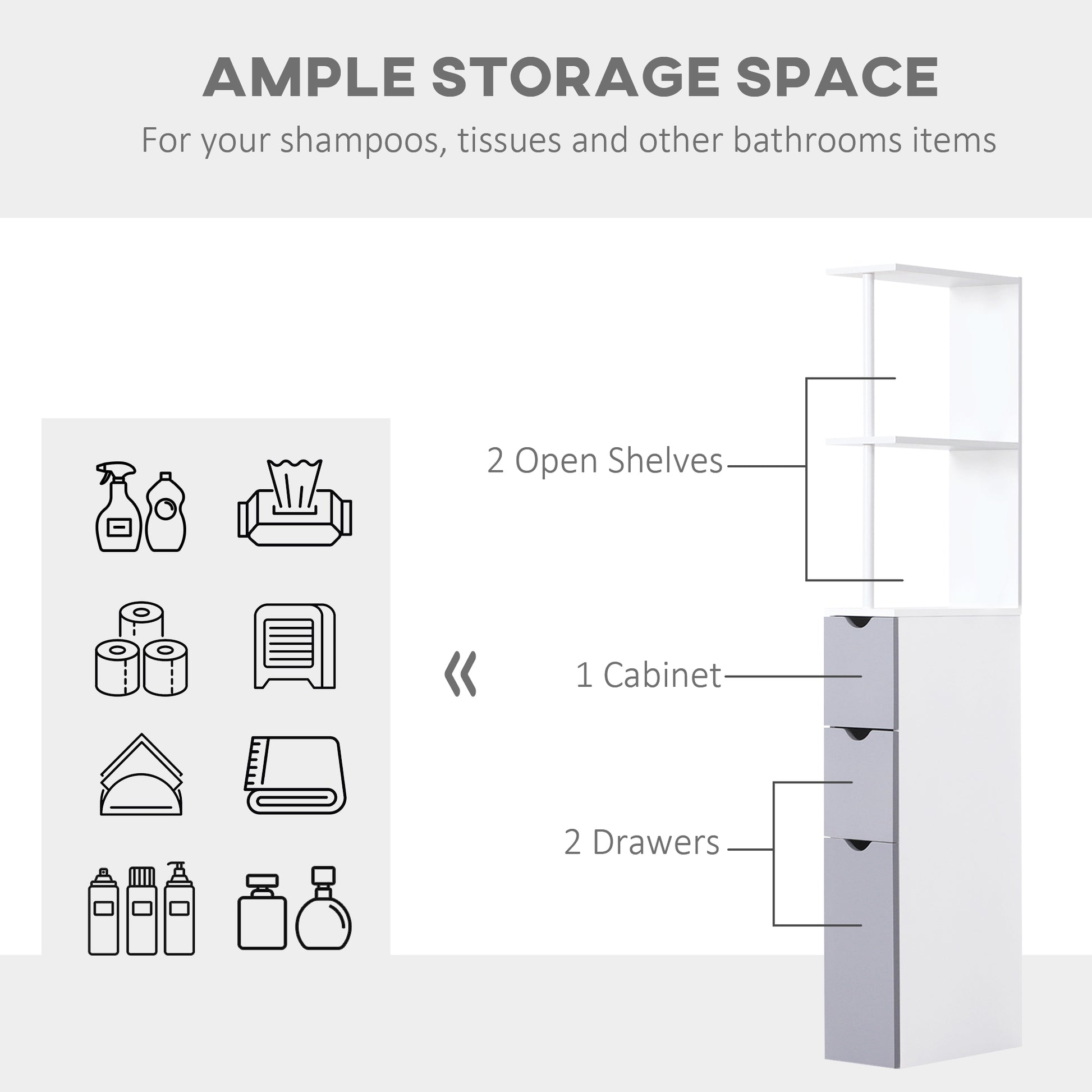 HOMCOM Slimline Bathroom Storage Free-Standing Bathroom Cabinet Unit Tall Shelf Toilet Tissue Cupboard w/Drawers - Grey and White