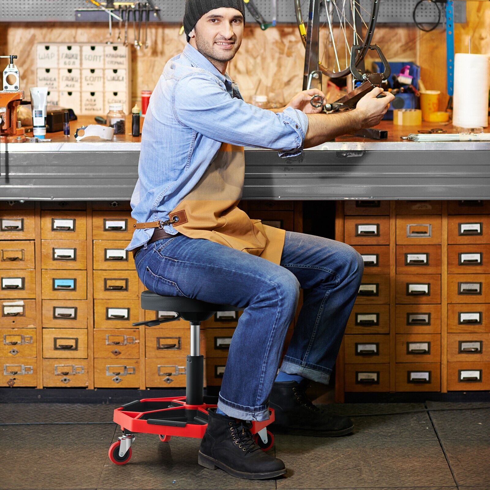 Garage Workshop Creeper Seat with Padded Seat and Tool Tray