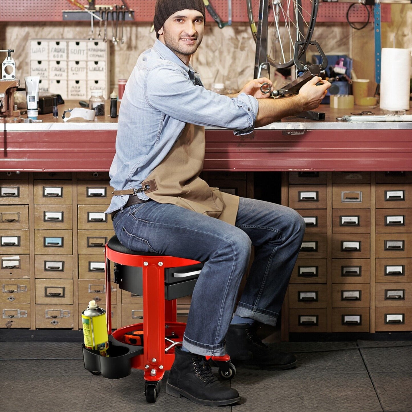 Rolling Workshop Creeper Seat with 2 Drawers and Tool Tray